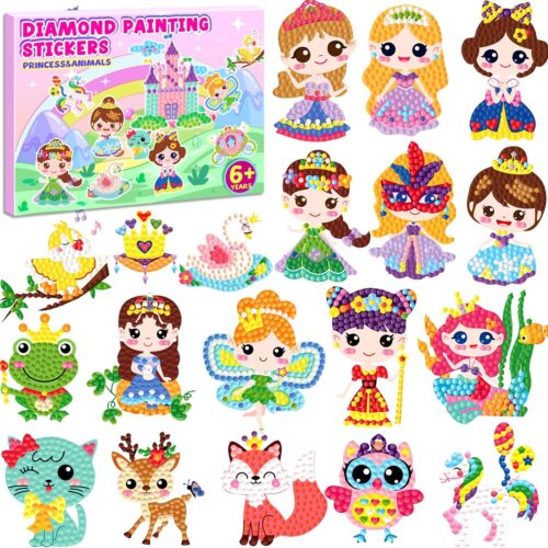 Labeol 21Pcs 5D Diamond Painting Stickers Kits for Kids Boys and Girls Ages 6-8 10-12 Easy to DIY Creative Diamond Dotz Mosaic Sticker Craft by Numbers Kits for Kids and Adult Beginners (Princess)