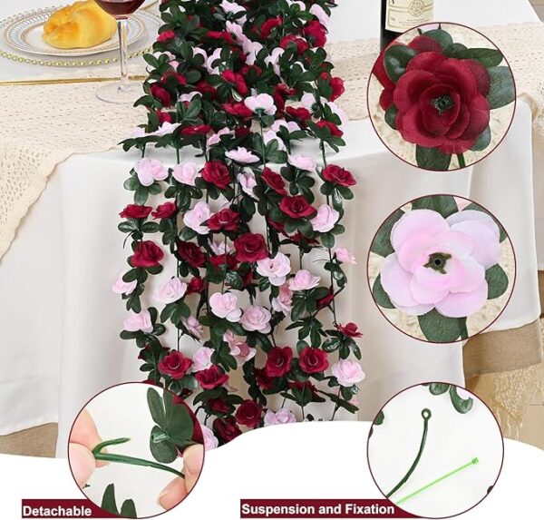 MARTINE MALL Flower Garland Rose Vines, 5 Strands 41Ft Flower Vines for Bedroom, Rose Flower Garland Decoration, Wine Red and Pink Rose Floral Garland for Room Birthday Wedding Party Garden Wall Decor 1