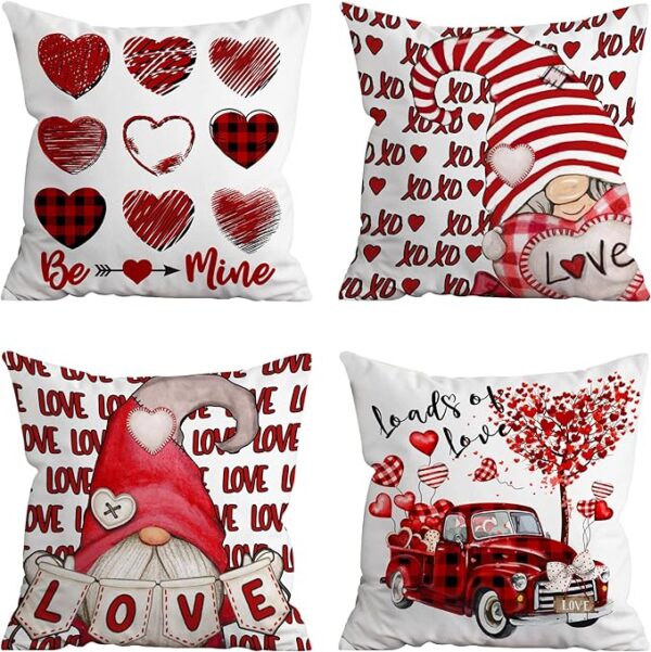 Hexagram Valentines Day Pillow Covers, Valentine Pillow Covers 18x18 Red Truck Buffalo Plaid Valentine's Day Throw Pillow Covers Set of 4 for Couch Sofa Living Room Outdoor Valentines Day Decorations 1