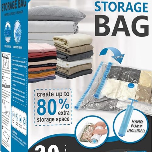 81JmVgvOmCL._AC_SX679_ 20 Pack Vacuum Storage Bags, Space Saver Bags (4 Jumbo/4 Large/4 Medium/4 Small/4 Roll) Compression for Comforters and Blankets, Sealer Clothes Storage, Hand Pump Included