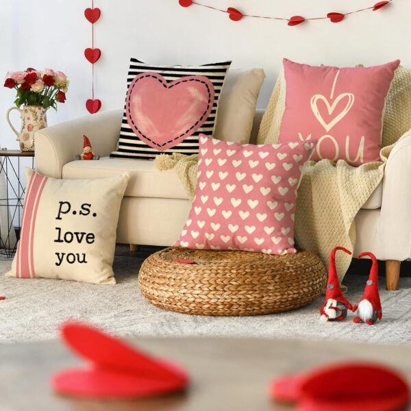 colorlife Valentine's Day I Love You Throw Pillow Covers, 20 x 20 Inch Pink Valentine Heart Stripes p.s. Love You Wedding Cushion Case Decoration for Sofa Couch Set of 2