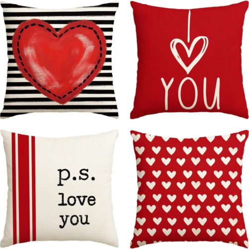 AVOIN colorlife Valentine's Day I Love You Throw Pillow Covers, 18 x 18 Inch Valentine Heart Stripes p.s. Love You Wedding Cushion Case Decoration for Sofa Couch Set of 4