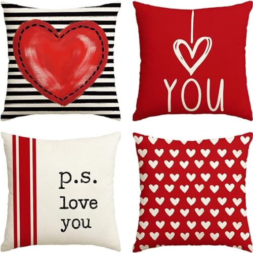 81QgkqDvX7L._AC_SX569_ Valentine's Day I Love You Throw Pillow Covers, 20 x 20 Inch Red Valentine Heart Stripes p.s. Love You Wedding Cushion Case Decoration for Sofa Couch