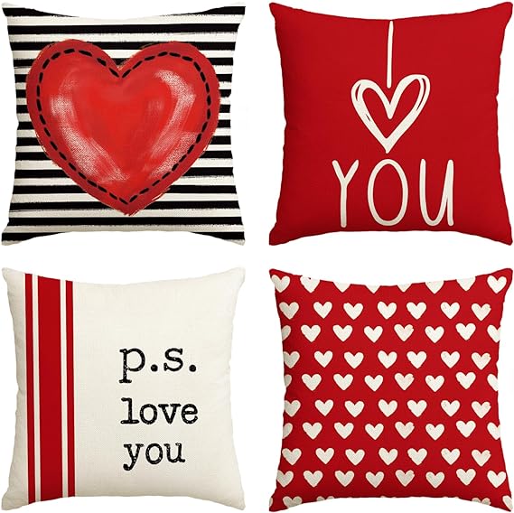 Valentine's Day I Love You Throw Pillow Covers, 20 x 20 Inch Red Valentine Heart Stripes p.s. Love You Wedding Cushion Case Decoration for Sofa Couch 1