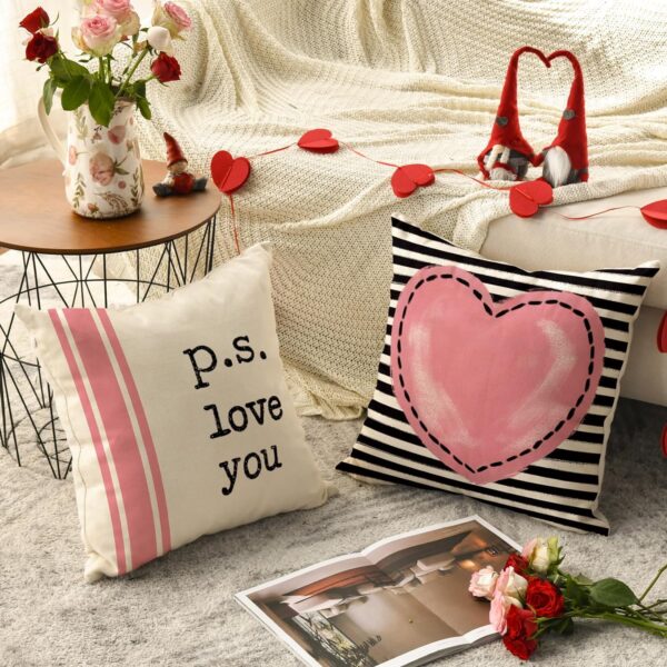 colorlife Valentine's Day I Love You Throw Pillow Covers, 20 x 20 Inch Pink Valentine Heart Stripes p.s. Love You Wedding Cushion Case Decoration for Sofa Couch Set of 1