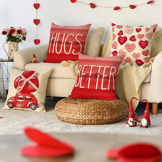 AVOIN colorlife Valentine's Day Kisses Hugs Better Together Red Throw Pillow Covers, 20 x 20 Inch Hearts Truck Wedding Cushion Case Decoration for Sofa Couch Set of 4 2