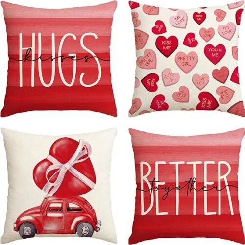 81h8MJUKrGL._AC_SX569_ AVOIN colorlife Valentine's Day Kisses Hugs Better Together Red Throw Pillow Covers, 20 x 20 Inch Hearts Truck Wedding Cushion Case Decoration for Sofa Couch Set of 4
