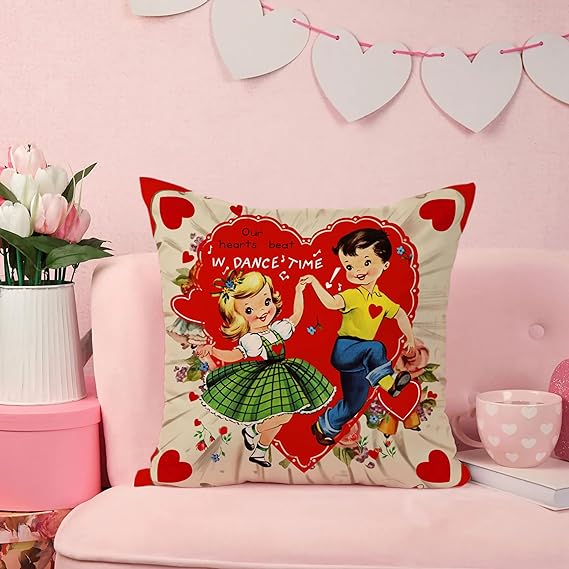 Valentines Day Pillow Covers 16x16 Inch Set of 4 Love Heart Hello Valentine Vintage Retro Throw Pillow Covers Happy Valentine Decorative Throw Pillows Valentines Day Decorations 2