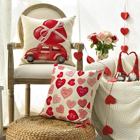 AVOIN colorlife Valentine's Day Kisses Hugs Better Together Red Throw Pillow Covers, 20 x 20 Inch Hearts Truck Wedding Cushion Case Decoration for Sofa Couch Set of 4 3
