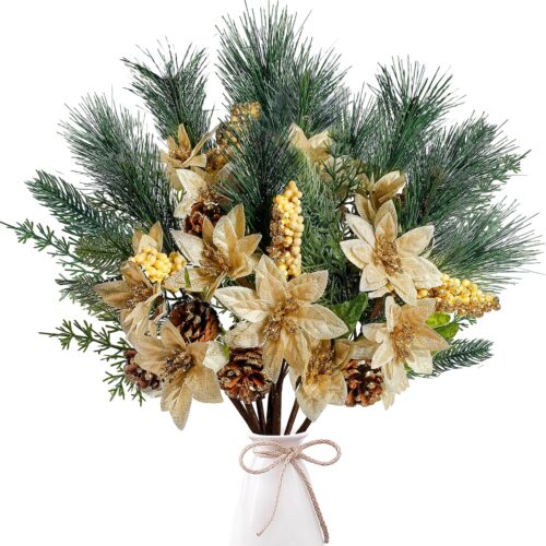 914jVA1JGhL._AC_SL1500_ Artificial Christmas Poinsettia Picks Faux Berries Pine Stems Berry Pine Branches with Pine Cones Poinsettia for Xmas Tree Wreath DIY Craft Floral Arrangement Holiday Decor