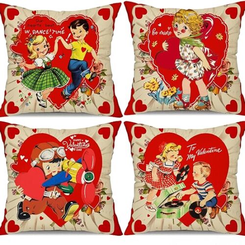 919ajCxK7jL._AC_SX569_ Valentines Day Pillow Covers 16x16 Inch Set of 4 Love Heart Hello Valentine Vintage Retro Throw Pillow Covers Happy Valentine Decorative Throw Pillows Valentines Day Decorations