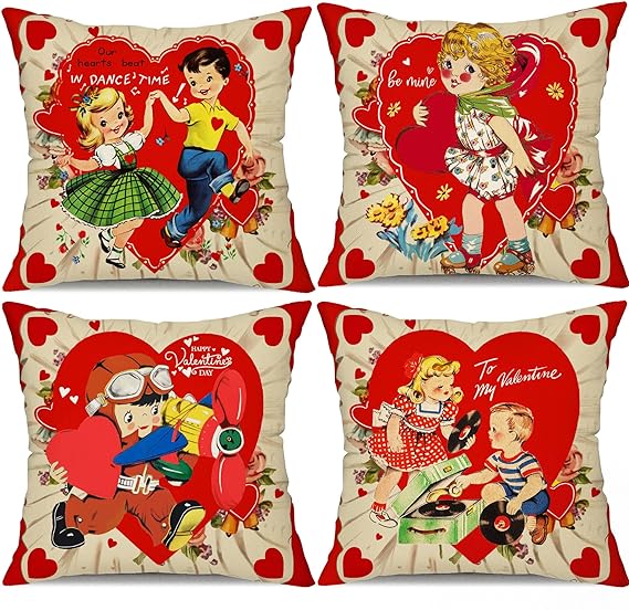 Valentines Day Pillow Covers 16x16 Inch Set of 4 Love Heart Hello Valentine Vintage Retro Throw Pillow Covers Happy Valentine Decorative Throw Pillows Valentines Day Decorations 1