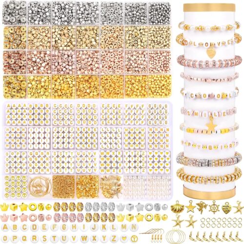 91ECi58iFXL._AC_SL1500_ XIMISHOP 3200PCS Gold Spacer Beads Kit for Bracelet Making, 28 Style Gold Star Beads A-Z Letter Beads with Charms Kit for Jewelry Making Crafts Gifts Set for Teen Girls Adults