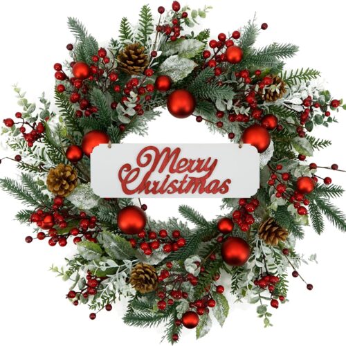 AMF0RESJ 20 inch Artificial Christmas Wreath Winter Wreath with red Ball,red Berry,Pine Needles for Indoor Outdoor Farmhouse Home Wall Window Festival Wedding Decor