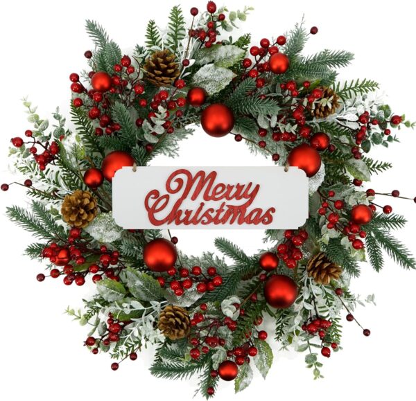 AMF0RESJ 20 inch Artificial Christmas Wreath Winter Wreath with red Ball,red Berry,Pine Needles for Indoor Outdoor Farmhouse Home Wall Window Festival Wedding Decor 1