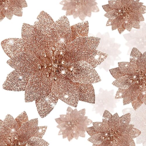 91P-09YQpYL._AC_SL1500_ 36 Pieces Christmas Glitter Poinsettia Flowers Faux Flowers Wedding Glitter Christmas Tree New Year Ornaments (Rose Gold)