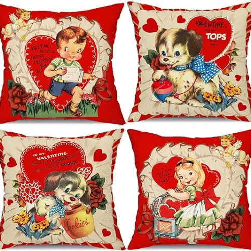 DFXSZ Valentines Day Pillow Covers 20x20 Inch Set of 4 Boy Girl Dog Decor Red Retro Throw Pillow Covers Happy Valentine Decorative Throw Pillows Valentines Day Vintage Decorations 60D