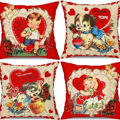 91RC2WNxthL._AC_SX679_ DFXSZ Valentines Day Pillow Covers 16x16 Inch Set of 4 Boy Girl Dog Decor Red Retro Throw Pillow Covers Happy Valentine Decorative Throw Pillows Valentines Day Vintage Decorations 60D