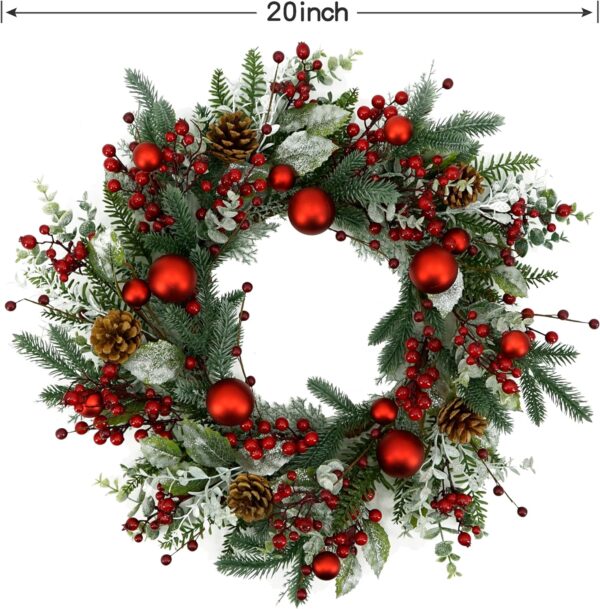AMF0RESJ 20 inch Artificial Christmas Wreath Winter Wreath with red Ball,red Berry,Pine Needles for Indoor Outdoor Farmhouse Home Wall Window Festival Wedding Decor 2