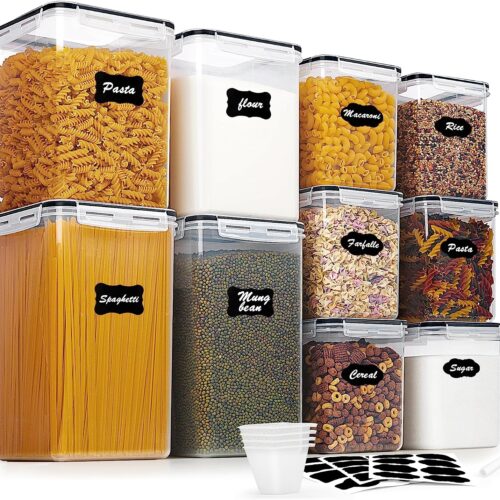 Vtopmart 10 PCS Flour and Sugar Storage Container, Large Airtight Food Storage Containers with Lids for Kitchen, Pantry Organization and Storage, BPA Free, Black