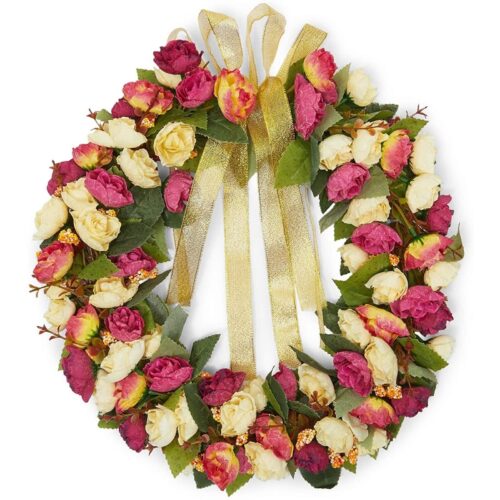 s-l1600 (13) Valentine's Day Wreath for Front Door Outside Hanging, Rose with Ribbon 13.3"
