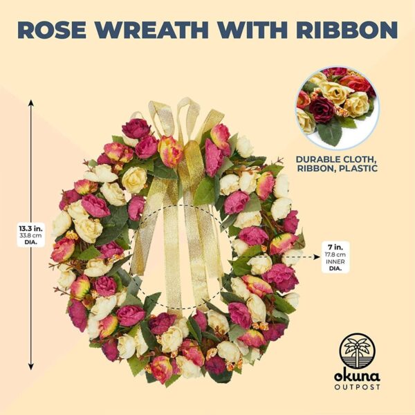 Valentine's Day Wreath for Front Door Outside Hanging, Rose with Ribbon 13.3" 2