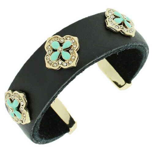 s-l1600 - 2024-01-10T113246.818 Black Leather Yellow Gold Tone Crystals Turquoise Open End Womens Cuff Bracelet
