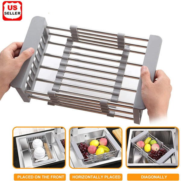 Adjustable Stainless Steel Kitchen Dish Drying Sink Rack Drain Strainer Basket 1