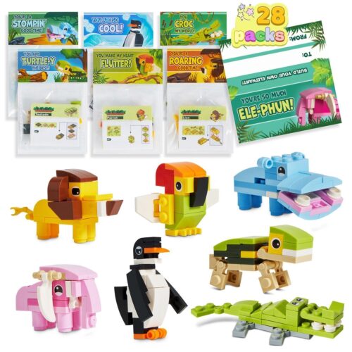 28 Packs Valentines Day Gift Cards w/ Animal Building Blocks for Kids
