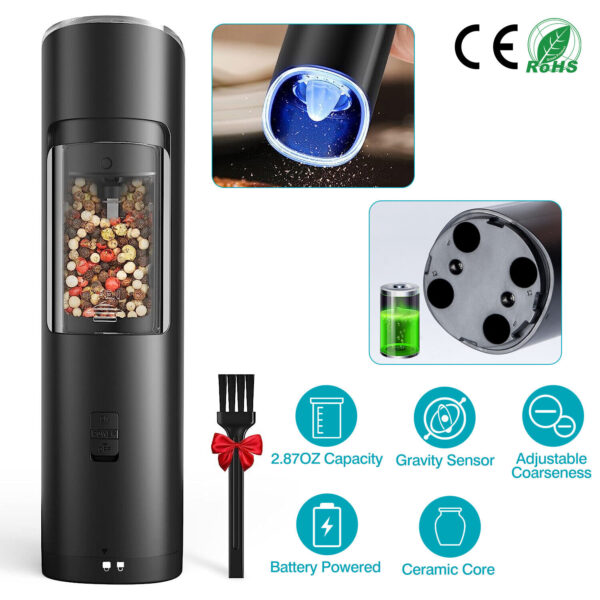 Electric Salt Pepper Grinder Set Adjustable Coarseness Stainless Steel w/Light 1