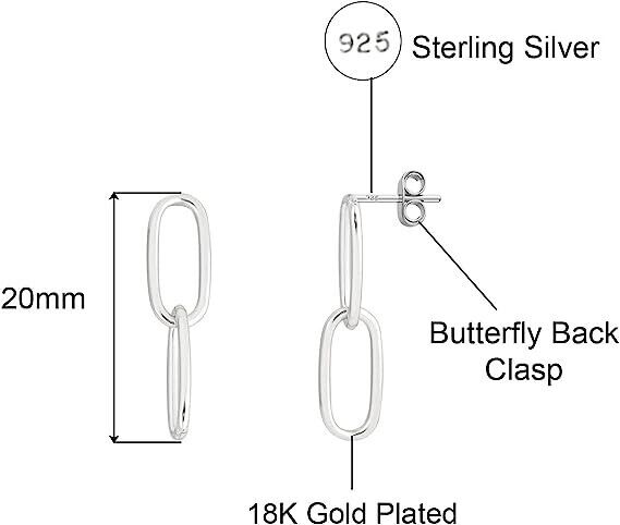 925 Sterling Silver 2 Row Paperclip Chain Link Dangle Drop Earrings For Women 2