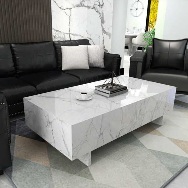 Modern White Coffee Table High Gloss Marble Veneer Rectangle Living Room 2