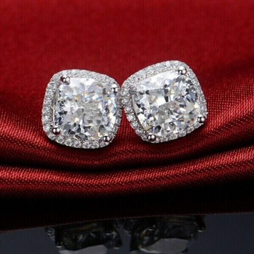 s-l1600 (29) Men & Women 925 Sterling Silver Cubic Zirconia Halo Square Stud Earrings - Gift