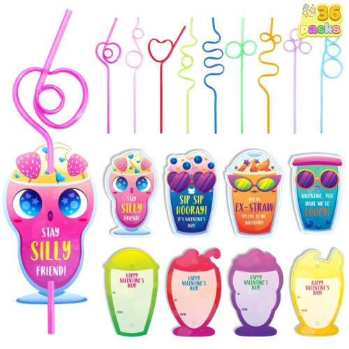 36 Pack Valentines Day Gift Cards with Colorful Loop Reusable Drinking Straws