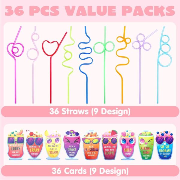 36 Pack Valentines Day Gift Cards with Colorful Loop Reusable Drinking Straws 2