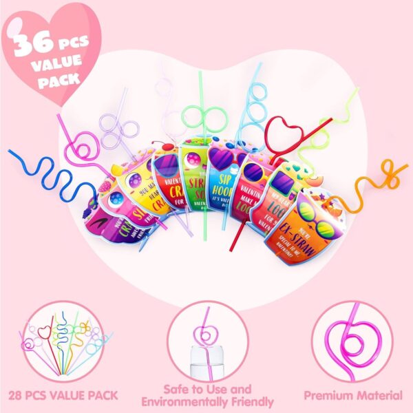 36 Pack Valentines Day Gift Cards with Colorful Loop Reusable Drinking Straws 3