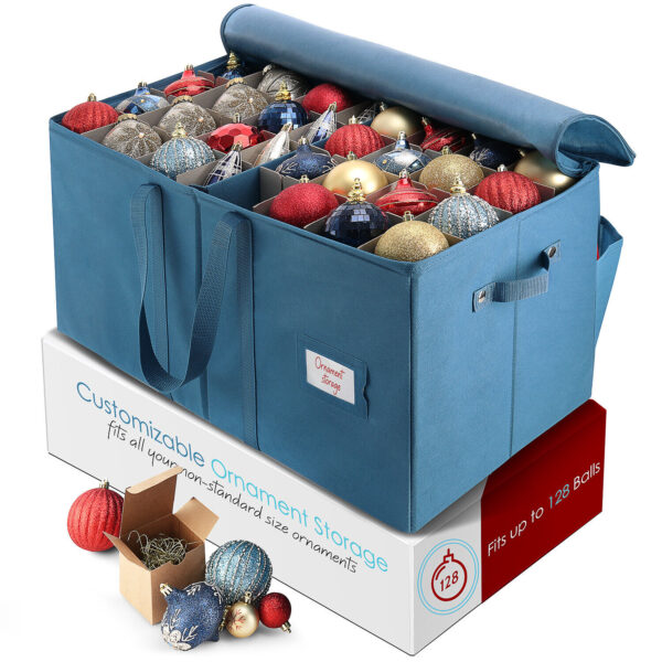 Christmas Ornament Storage Box Container Fits up to 128 with Adjustable Dividers Fabric 1pk 1