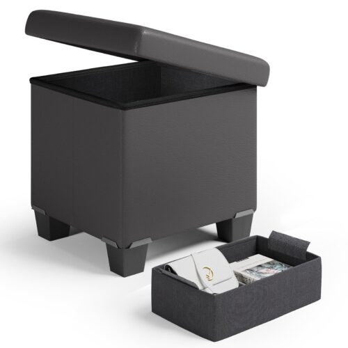 15" Storage Ottoman Cube with Storage Bin, Faux Leather / Fabric Footrest Chest