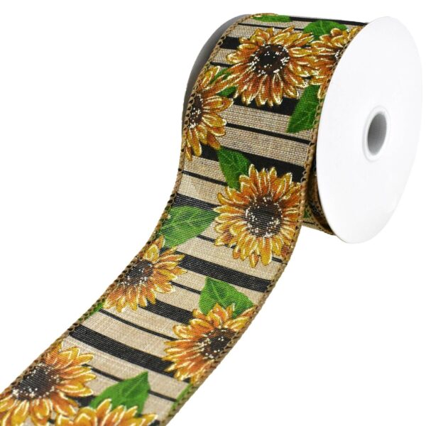 Sunflowers and Stripes Faux Linen Wired Ribbon, 2-1/2-Inch, 10-Yard 1