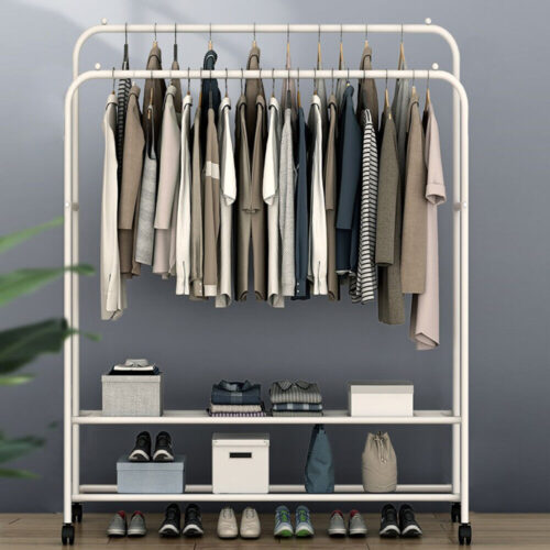 s-l1600 Heavy Metal Double Rail Garment Rack Clothes Storage with 2-Tier Bottom Shelves