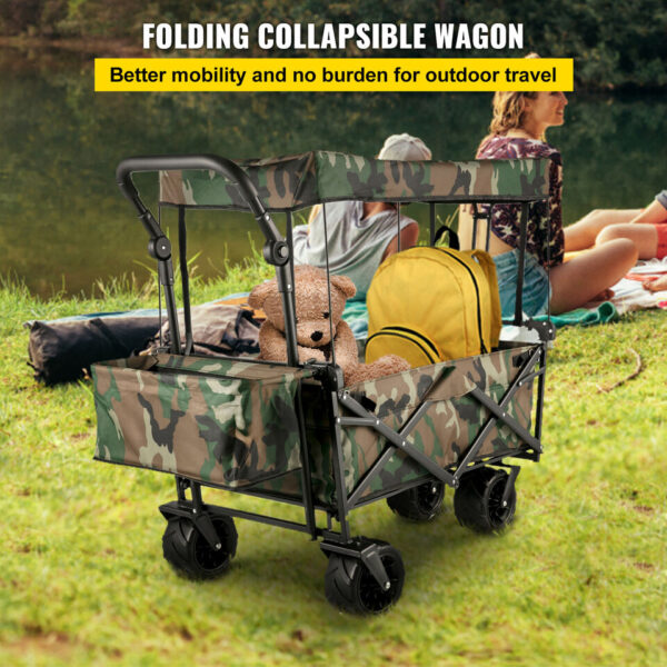 Folding Wagon Cart Collapsible Garden Cart w/Canopy 220lbs Big Wheels 2