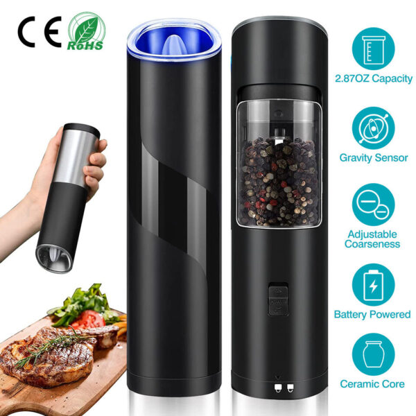 Electric Salt Pepper Grinder Set Adjustable Coarseness Stainless Steel w/Light 2