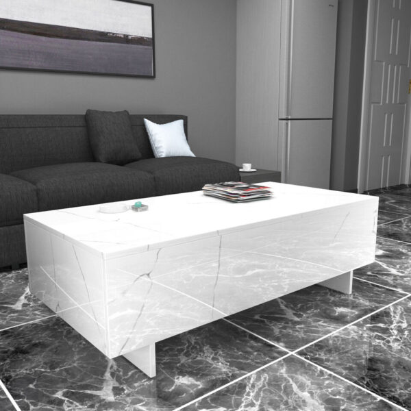 Modern White Coffee Table High Gloss Marble Veneer Rectangle Living Room 1