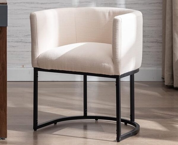 "VESCASA Linen Upholstered Dining Chair with Barrel Back - Mid Century Modern Restaurant Padded Chair with Black Metal Frame for Kitchen, Dining Room, 1PK, Cream" 1