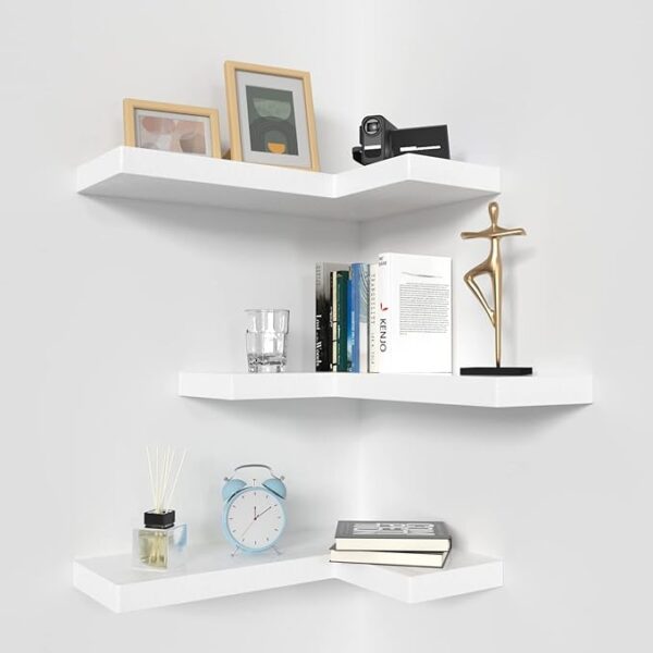 NATURE'S SOURCE Corner Floating Shelves Set of 3 - Wall Mounted, Invisible Brackets, Modern Style 17" x 6", for Bedroom Bathroom Kitchen Living Room Office (White) 1