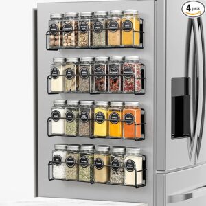 VITEVER Magnetic Spice Rack Set - 4 Pack, 24 Square Glass Jars with Lids, Quick-Find Pre-Printed Labels, Funnel - Space Saver Organizer for Refrigerator and Microwave Oven