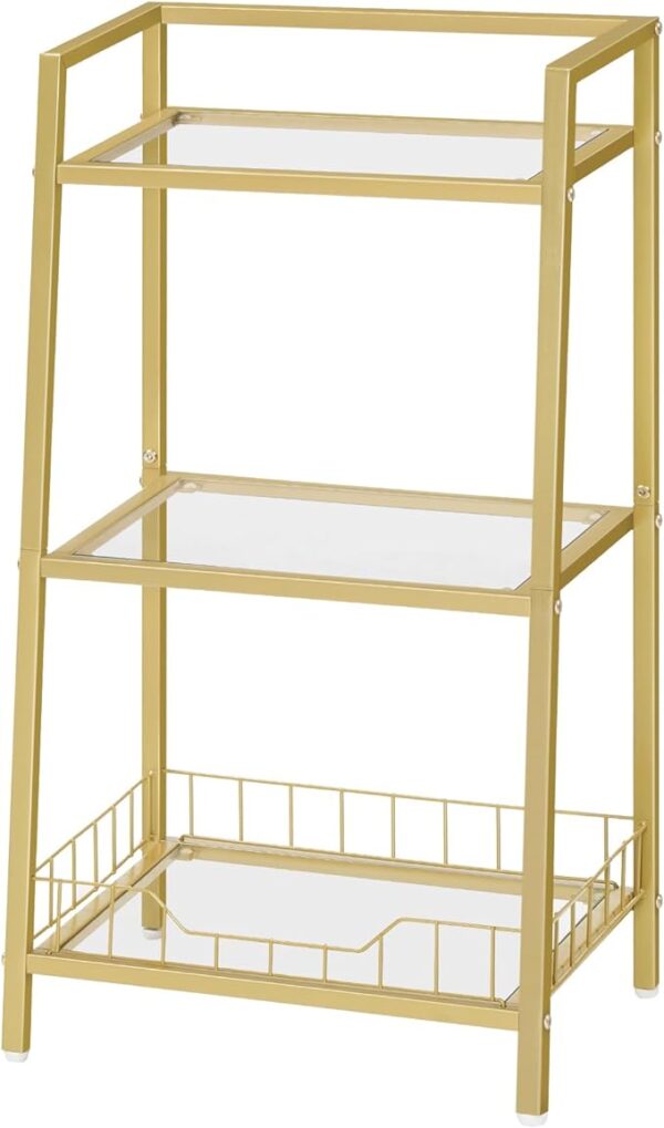 HOOBRO Gold Bookshelf - 3-Tier Tempered Glass Bookcase, Bathroom Storage Stand, Record Storage Rack with Side Guards, Strong and Durable, for Bathroom, Bedroom, Living Room Modern Style, Gold, Model GD77CJ01" 1