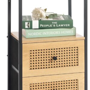 DOVAMY Rattan Nightstand with 2 Drawers - Side Table for Small Spaces, Bedroom End Table with Storage, Living Room, Dorm - 27.5'' Bed Stand with Open Shelf, Beige BN03B