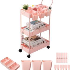 danpinera Slim Storage Cart - 3 Tier Narrow Rolling Cart on Wheels Bathroom Organizer with Dividers, Handle, Hanging Cups Hooks for Laundry Room Kitchen Small Spaces, Pink