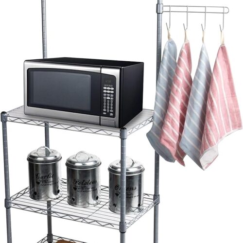 1 Mind Reader Alloy Collection - 3-Tier Industrial Microwave Stand with Utility Shelf and Drying Hooks, Metal, 21.26"L x 13.39"W x 49.49"H, Silver